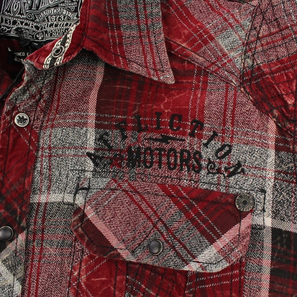 Affliction Flannel Shirt Mens M Red Woven Pearl Snap Black Premium Eagle One NEW - Picture 7 of 11